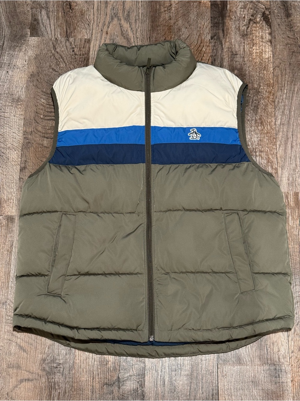 Original Penguin Puffer Vest Men's size Large Olive Green Blue White
